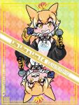  1girl animal_costume animal_ear_fluff animal_ears bare_shoulders beard black_jacket blonde_hair coyote_(kemono_friends) crown extra_ears facial_hair gloves jacket kemono_friends kemono_friends_v_project looking_at_viewer microphone multicolored_hair p_alti shirt short_hair simple_background smile solo virtual_youtuber white_shirt wolf_ears yellow_eyes yellow_gloves 