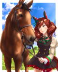  1girl absurdres animal_ears black_dress blurry blurry_background bow bowtie bridle brown_eyes brown_hair cheesecake_(artist) commentary_request creature_and_personification dress ear_covers ear_ribbon frilled_dress frills green_bow green_bowtie green_ribbon hair_ribbon highres holding holding_reins horse horse_ears horse_girl horse_tail juliet_sleeves long_sleeves medium_hair multicolored_hair nice_nature_(racehorse) nice_nature_(umamusume) outside_border pinafore_dress puffy_sleeves red_bow red_bowtie reins ribbon streaked_hair striped striped_bow striped_bowtie tail twintails two-tone_bowtie two-tone_hair umamusume 