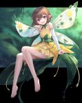  1girl :d absurdres bangs bare_legs barefoot brown_hair butterfly_wings detached_sleeves dress full_body hair_between_eyes highres long_sleeves looking_at_viewer open_mouth original pointy_ears shichigatsu shiny shiny_hair short_dress short_hair sitting sleeveless sleeveless_dress smile solo violet_eyes white_sleeves wings yellow_dress 