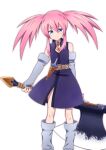  1girl axe belt blue_eyes boots closed_mouth elbow_gloves feet_out_of_frame gloves haiiro_(immature) holding holding_axe long_hair looking_at_viewer pink_hair presea_combatir simple_background smile solo tales_of_(series) tales_of_symphonia twintails weapon white_background 