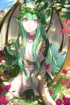  1girl bare_shoulders claws delsaber dragon_girl dragon_horns dragon_tail dragon_wings dress flower flower_necklace grass green_hair green_scales hair_flower hair_ornament highres horns leaf looking_at_viewer original pink_eyes pointy_ears sitting smile tail wariza white_dress wings 