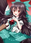  1girl arm_cannon black_hair blush bow frilled_skirt frills green_bow green_skirt hair_between_eyes hair_bow highres long_hair open_mouth puffy_short_sleeves puffy_sleeves red_eyes reiuji_utsuho ruu_(tksymkw) shirt short_sleeves skirt smile solo third_eye touhou weapon white_shirt 