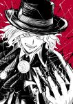  1boy :d absurdres ascot bangs cape collared_cape collared_shirt cross-shaped_pupils edmond_dantes_(fate) energy fate/grand_order fate_(series) fedora gloves greyscale greyscale_with_colored_background hand_up hat highres looking_at_viewer male_focus medium_hair monochrome parted_bangs red_background shirt smile solo teeth upper_body v-shaped_eyebrows wavy_hair yoi_(207342) 