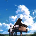  1boy blue_sky blue_theme clouds grass highres instrument male_child music original outdoors piano playing_instrument playing_piano scenery sky taizo4282 
