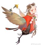  1girl bird_legs brown_feathers brown_hair brown_wings feathers harpy japanese_clothes looking_at_viewer monster_girl original powerlesssong red_eyes rope shimenawa short_hair simple_background white_background winged_arms wings 
