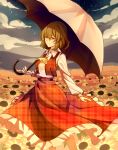  1girl ascot bangs breasts closed_mouth clouds collared_shirt commentary_request feet_out_of_frame flower garden_of_the_sun green_hair hair_between_eyes highres holding holding_umbrella kazami_yuuka long_skirt long_sleeves looking_at_viewer medium_breasts minuo outdoors plaid plaid_skirt plaid_vest red_eyes red_skirt red_vest shirt short_hair skirt skirt_set sky smile solo star_(sky) starry_sky sunflower touhou umbrella vest white_shirt yellow_ascot yellow_flower 