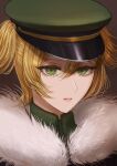  1girl bangs blonde_hair brown_background closed_mouth commentary daiba_nana expressionless eyelashes filha fur_trim gradient gradient_background green_eyes green_headwear green_jacket hair_between_eyes hat highres jacket looking_at_viewer military military_hat military_uniform official_alternate_costume peaked_cap portrait shade short_hair short_twintails shoujo_kageki_revue_starlight solo twintails uniform 