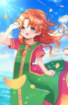  1girl blush clouds curly_hair dragon_quest dragon_quest_vii dress green_eyes highres long_hair looking_at_viewer maribel_(dq7) open_mouth smile solo sparkle water 