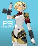  1girl aegis_(persona) android blonde_hair blue_eyes breasts closed_mouth highres joints looking_at_viewer muramasa_mikado persona persona_3 robot_joints short_hair simple_background solo weapon 