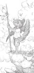  1boy bird child cliff clouds dark-skinned_male dark_skin facial_mark from_side greyscale highres holding holding_weapon king_(one_piece) male_child male_focus monchi_(tamakin_mnc) monochrome one_piece outdoors polearm short_hair short_sleeves shorts solo spear standing weapon white_hair wings 
