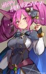  1girl animal_ears anniversary bangs bell belt big_hair cape chocojax clenched_hand cleo_(dragalia_lost) dragalia_lost hair_bell hair_ornament highres long_hair long_sleeves patreon_username pink_eyes pink_hair rabbit_ears smile solo twintails upper_body 