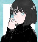  1girl bangs black_hair black_sweater blue_background blue_eyes blue_hair colored_inner_hair hand_up highres long_sleeves looking_at_viewer multicolored_hair original parted_lips sweater turtleneck turtleneck_sweater two-tone_background two-tone_hair white_background zudxpnz 