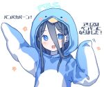  1girl alternate_costume animal_costume arisu_(blue_archive) arms_up bangs black_hair blue_archive blue_eyes bright_pupils commentary_request hair_between_eyes halo hood hoodie long_sleeves looking_at_viewer open_mouth penguin_(tendouaris) simple_background smile solo upper_body white_background white_pupils 