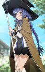  1girl bangs black_headwear black_skirt blue_eyes blue_hair blurry blurry_background blush braid cloak crossed_bangs day embarrassed feet_out_of_frame hat highres holding holding_staff jacket long_hair long_sleeves mushoku_tensei omagacchu open_mouth outdoors roxy_migurdia sidelocks signature skirt sky solo staff twin_braids white_jacket witch_hat 