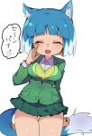  1girl :d ^_^ animal_ear_fluff animal_ears arm_behind_back asagi_(bombergirl) bangs blue_hair blue_tail blunt_bangs bombergirl breasts closed_eyes collared_shirt colored_inner_hair fang green_jacket green_skirt hand_up heart highres jacket legs_together long_sleeves medium_breasts miniskirt multicolored_hair multicolored_tail open_mouth orange_hair pleated_skirt sasaki_rindou shirt short_hair simple_background skirt smile solo speech_bubble sweater_vest tail thigh_gap thighs two-tone_tail white_background white_hair white_shirt white_tail wolf_ears wolf_girl wolf_tail 