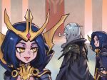  1boy 2girls :d bangs black_jacket black_thighhighs blue_hair breasts disembodied_eye dual_persona grey_hair jacket league_of_legends leblanc_(league_of_legends) long_sleeves looking_back medium_breasts medium_hair meme multiple_girls phantom_ix_row shiny shiny_hair smile swain_(league_of_legends) thigh-highs 