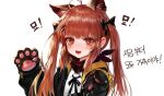  1girl :3 :d animal_ear_fluff animal_ears animal_hands black_bow black_gloves black_jacket black_ribbon bow brown_hair collared_shirt dokomon dress_shirt fang girls_frontline gloves hair_bow hair_ornament hairclip hands_up highres jacket kemonomimi_mode korean_text long_hair long_sleeves looking_at_viewer neck_ribbon open_clothes open_jacket paw_gloves puffy_long_sleeves puffy_sleeves red_eyes ribbon scar scar_across_eye shirt simple_background smile solo translation_request twintails ump9_(girls&#039;_frontline) upper_body white_background white_shirt 