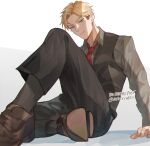 1boy absurdres asterrales blonde_hair blue_eyes collared_shirt crossed_legs formal highres male_focus necktie parted_lips red_necktie shirt short_hair sitting solo spy_x_family suit twilight_(spy_x_family) twitter_username white_background white_shirt 