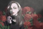  1girl black_background black_shirt brown_eyes brown_hair cosmetics flower highres jewelry lipstick_tube looking_at_viewer original pale_skin red_flower red_lips ring rose shirt solo turtleneck zudxpnz 