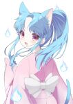  1girl animal_ears blue_hair botan_(yu_yu_hakusho) cat_ears commentary highres japanese_clothes kimono long_hair long_sleeves looking_at_viewer open_mouth ponytail ro_(igris-geo) simple_background smile solo violet_eyes white_background yu_yu_hakusho 