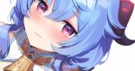  1girl ayamy bangs bell blue_hair blush close-up cropped embarrassed ganyu_(genshin_impact) genshin_impact heart heart-shaped_pupils horns long_hair looking_at_viewer neck_bell nose_blush paid_reward_available solo sweat symbol-shaped_pupils violet_eyes wavy_mouth white_background 