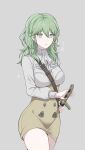  1girl absurdres bangs banned_artist between_breasts breasts buttons byleth_(fire_emblem) byleth_eisner_(female) closed_mouth commentary_request cowboy_shot dress_shirt enlightened_byleth_(female) eyelashes fire_emblem fire_emblem:_three_houses garreg_mach_monastery_uniform green_eyes grey_background grey_hair hair_between_eyes high-waist_skirt highres holding holding_sheath holding_sword holding_weapon large_breasts long_sleeves medium_hair neckerchief pencil_skirt sheath sheathed shimizu_akina shirt simple_background skirt solo standing star_(symbol) strap_between_breasts sword uniform weapon white_neckerchief white_shirt yellow_skirt 