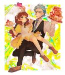  1boy 1girl alternate_costume apron brown_hair cake dress enmaided food frilled_apron frilled_dress frills genderswap genderswap_(mtf) grandfather_and_grandson highres holding holding_tray maid maid_apron maid_headdress messy_hair morty_smith multiple_boys necktie noko6 puffy_short_sleeves puffy_sleeves rick_and_morty rick_sanchez short_hair short_sleeves spiky_hair tray vest waist_apron white_apron wrist_cuffs 