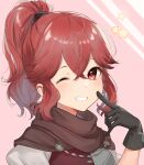  1girl anna_(fire_emblem) bangs black_gloves blush brown_scarf commentary_request finger_to_mouth fire_emblem fire_emblem_engage gloves grin hair_between_eyes hair_tie haru_(nakajou-28) index_finger_raised looking_at_viewer one_eye_closed ponytail red_eyes redhead scarf short_hair sidelocks smile solo star_(symbol) teeth upper_body 