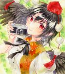  1girl alto2019 bird_wings black_hair black_wings blush buttons camera closed_mouth collared_shirt feathered_wings hair_between_eyes hat holding holding_camera pointy_ears pom_pom_(clothes) red_eyes red_headwear sample_watermark shameimaru_aya shirt short_hair short_sleeves signature smile solo tokin_hat touhou upper_body watermark white_shirt wings 