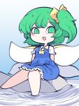  1girl ascot barefoot blue_dress blush_stickers collared_shirt daiyousei dress fairy fairy_wings fried_rice0614 green_eyes green_hair highres long_hair one-hour_drawing_challenge open_mouth shirt short_sleeves side_ponytail smile solo touhou white_shirt wings yellow_ascot 