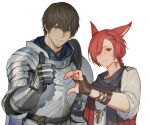  2boys adventurer_(ff14) animal_ears armor bangs black_scarf blue_eyes braid braided_ponytail breastplate brown_gloves brown_hair cat_ears elbow_gloves facial_hair facial_mark ffxivys final_fantasy final_fantasy_xiv fingerless_gloves g&#039;raha_tia gauntlets gloves grey_shirt hair_ornament hand_up heart_hands_failure hyur jewelry looking_at_viewer low_ponytail male_focus miqo&#039;te multiple_boys neck_tattoo paladin_(final_fantasy) pendant red_eyes redhead scar scar_on_cheek scar_on_face scarf shirt short_hair simple_background single_braid smile stubble swept_bangs tattoo thumbs_up upper_body white_background x_hair_ornament 