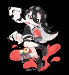  1girl abyssal_ship battleship_princess black_background black_footwear boots full_body hi_ye highres kantai_collection pale_skin sleeveless smile splatoon_(series) splatoon_3 suction_cups tentacle_hair 