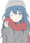  1girl :t absurdres aran_sweater bangs banned_artist beanie blue_eyes blue_hair blush breasts byleth_(fire_emblem) byleth_eisner_(female) closed_mouth commentary_request eyelashes fingernails fire_emblem fire_emblem:_three_houses hair_between_eyes hand_up hat highres large_breasts light_smile long_hair long_sleeves looking_up one_eye_closed red_scarf scarf shimizu_akina simple_background sleeves_past_wrists solo sweater turtleneck turtleneck_sweater upper_body winter_clothes 