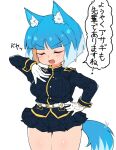  1girl animal_ear_fluff animal_ears asagi_(bombergirl) bangs belt black_skirt blue_hair blue_tail bombergirl breasts buttons colored_inner_hair cowboy_shot fang gloves hand_on_hip hand_on_own_chest large_breasts legs_together long_sleeves miniskirt motion_lines multicolored_hair multicolored_tail open_mouth orange_hair pleated_skirt sasaki_rindou simple_background skirt solo speech_bubble tail thighs turtleneck two-tone_tail v-shaped_eyebrows white_background white_belt white_gloves white_hair white_tail wolf_ears wolf_girl wolf_tail 
