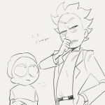  2boys blush crossed_arms grandfather_and_grandson highres labcoat looking_away looking_to_the_side messy_hair morty_smith multiple_boys nipo636 rick_and_morty rick_sanchez short_hair spiky_hair tsundere vomit 
