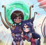  2girls bangs bare_shoulders blush breasts brown_hair cat_girl closed_mouth commentary_request dark-skinned_female dark_skin detached_sleeves energy green_eyes hair_ornament irelia karma_(league_of_legends) large_breasts league_of_legends leaning_forward long_hair multiple_girls outdoors parted_bangs petals phantom_ix_row purple_hair shiny shiny_clothes shiny_hair violet_eyes 