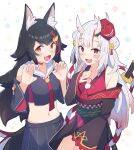  2girls :3 :d animal_ear_fluff animal_ears bell black_hair blush brown_eyes claw_pose commentary_request detached_sleeves double_bun fang hair_bell hair_bun hair_ornament hand_on_own_chest highres hololive horns kouhaku_nawa kyutai_x long_hair long_sleeves looking_at_viewer mask mask_on_head multicolored_hair multiple_girls nakiri_ayame navel necktie off_shoulder oni_horns oni_mask ookami_mio red_eyes redhead rope sailor_collar shimenawa skin_fang smile stomach streaked_hair virtual_youtuber weapon weapon_on_back white_background white_hair wolf_ears wolf_girl 