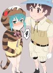  1boy 1girl absurdres bike_shorts bike_shorts_under_shorts blue_hair blush brown_hair captain_(kemono_friends) collared_shirt commentary_request embarrassed gloves green_eyes hand_on_another&#039;s_head hands_in_pockets highres hood hood_up hoodie kemono_friends kemono_friends_3 khakis kumasyan1998 long_sleeves print_hoodie sandals shirt short_hair short_sleeves shorts snake_print snake_tail t-shirt tail tsuchinoko_(kemono_friends) uniform white_gloves 