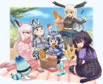  5girls animal_ears animal_print arm_behind_back bald_eagle_(kemono_friends) bangs basket bird_girl bird_tail bird_wings black_hair black_jaguar_(kemono_friends) blanket blonde_hair blue_eyes blunt_ends boots border bottle bread breast_pocket bright_pupils brown_eyes collared_shirt common_raccoon_(kemono_friends) day eating elbow_gloves extra_ears fang floating food food_in_mouth full_body gloves greater_flamingo_(kemono_friends) grey_hair hair_between_eyes hand_up head_wings highres holding holding_food jacket jaguar_ears jaguar_girl jaguar_print jaguar_tail japanese_clothes japari_symbol jitome kemono_friends kimono layered_sleeves leaning_forward long_hair long_sleeves looking_at_another looking_at_food looking_at_object lucky_beast_(kemono_friends) medium_hair microskirt multicolored_hair multiple_girls necktie ogami_tadashina open_mouth outdoors pantyhose parted_lips picnic picnic_basket pink_hair pink_jacket plains_zebra_(kemono_friends) plastic_bottle pleated_skirt pocket print_gloves print_kimono print_necktie print_skirt print_sleeves raccoon_ears raccoon_girl scarf shirt short_over_long_sleeves short_sleeves sidelocks sitting skirt smile snack spread_wings tail thigh-highs tree tsurime two-tone_hair very_long_hair white_border white_hair white_pupils wing_collar wings yellow_eyes zebra_ears zebra_girl zebra_print 