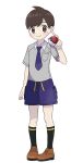  1boy bangs black_socks blush brown_eyes brown_footwear brown_hair closed_mouth commentary_request florian_(pokemon) full_body grey_shirt hand_up highres holding holding_poke_ball knees male_focus necktie poke_ball poke_ball_(basic) pokemon pokemon_(game) pokemon_sv purple_necktie purple_shorts sana_(37pisana) shirt shoes short_hair short_sleeves shorts simple_background smile socks solo standing white_background 
