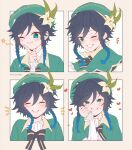  1boy ;) artist_name ayacchirin bangs beret blue_hair blush braid cape cecilia_flower_(genshin_impact) closed_eyes collared_cape english_commentary finger_to_cheek flower frilled_sleeves frills genshin_impact gradient_hair green_cape green_eyes green_headwear grin hand_on_own_cheek hand_on_own_face hat hat_flower heart highres long_sleeves looking_at_viewer multicolored_hair one_eye_closed open_mouth ribbon sidelocks smile star_(symbol) striped striped_ribbon twin_braids venti_(genshin_impact) 