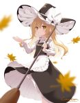  1girl absurdres autumn_leaves baumkuchen771 blonde_hair broom falling_leaves hat hat_ribbon highres holding holding_broom kirisame_marisa leaf long_hair looking_at_viewer ribbon signature skirt solo touhou white_background witch_hat yellow_eyes 