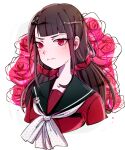  1girl bangs black_hair blood blunt_bangs closed_mouth collarbone cropped_shoulders crying crying_with_eyes_open danganronpa_(series) danganronpa_v3:_killing_harmony english_commentary flower hair_ornament hairclip harukawa_maki highres huyandere long_hair looking_at_viewer low_twintails mole mole_under_eye pink_blood pink_flower pink_rose red_eyes red_flower red_rose red_scrunchie red_shirt rose sailor_collar school_uniform scrunchie shirt solo tears twintails upper_body wavy_mouth white_background 
