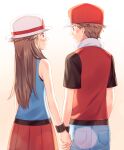  1boy 1girl blue_pants blue_shirt blush brown_eyes brown_hair brown_shirt closed_mouth commentary_request from_behind gradient gradient_background hat holding_hands jacket leaf_(pokemon) long_hair pants pleated_skirt pokemon pokemon_(game) pokemon_frlg red_(pokemon) red_headwear red_jacket red_skirt scbstella shirt short_hair short_sleeves skirt sleeveless sleeveless_jacket sleeveless_shirt white_headwear wristband 