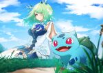  1girl antlers blue_sky breasts bulbasaur ceres_fauna clouds commentary crossover english_commentary fangs flower grass green_hair hair_flower hair_ornament highres hololive hololive_english large_breasts looking_at_viewer medium_hair on_grass pokemon sky taiyo_sketches virtual_youtuber yellow_eyes 