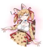  1girl animal_costume animal_ear_fluff animal_ears belt bow bowtie brown_hair cat_ears cat_girl cat_tail closed_eyes closed_mouth extra_ears highres kemono_friends kemono_friends_v_project large-spotted_genet_(kemono_friends) long_hair microphone multicolored_hair ribbon saja_(166j357) shirt simple_background skirt sleeping solo suspenders tail twintails virtual_youtuber 