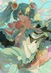  1girl :3 absurdres aqua_rose bangs black_dress blue_sky closed_mouth commentary_request cowboy_shot dress fingernails flower flower_skirt green_flower green_hair green_rose hair_flower hair_ornament hatsune_miku highres hlymoriia layered_dress long_hair looking_at_viewer magical_mirai_(vocaloid) magical_mirai_miku magical_mirai_miku_(2021) multicolored_clothes multicolored_dress orange_flower orange_rose own_hands_clasped own_hands_together pink_flower pink_rose red_dress red_flower red_rose ribbon_trim rose sky sleeves_past_elbows smile solo twintails very_long_hair vocaloid white_dress white_flower white_nails wide_sleeves yellow_flower yellow_rose 