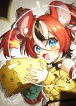  1girl animal_ears artist_name asymmetrical_sleeves blue_eyes cheese collar drooling eating food hakos_baelz highres holding holding_food hololive hololive_english mouse_ears mouth_drool multicolored_hair onyang redhead reticule spiked_collar spikes streaked_hair surprised twintails virtual_youtuber 