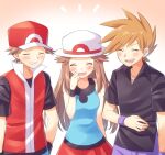  1girl 2boys :d blue_oak blue_shirt blush brown_hair closed_eyes collared_shirt commentary_request eyelashes hand_up happy hat jewelry leaf_(pokemon) multiple_boys necklace notice_lines open_mouth pants parted_lips pokemon pokemon_(game) pokemon_frlg purple_pants red_(pokemon) red_headwear red_skirt scbstella shirt short_hair short_sleeves skirt sleeveless sleeveless_jacket sleeveless_shirt smile spiky_hair t-shirt teeth tongue upper_teeth white_headwear wristband 