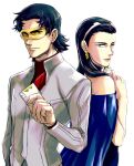 1boy 1girl back-to-back black_eyes black_hair brother_and_sister dress earrings egg_(cknlun) jacket jewelry long_hair long_sleeves looking_at_viewer megalo_box serious shirato_mikio shirato_yukiko siblings simple_background tinted_eyewear white_background white_jacket 